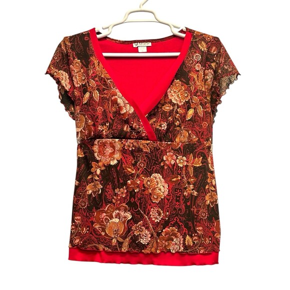 Vtg Y2K Self Esteem Babydoll Top Sz 2X Floral Sheer Red Boho Whimsy - Picture 1 of 5